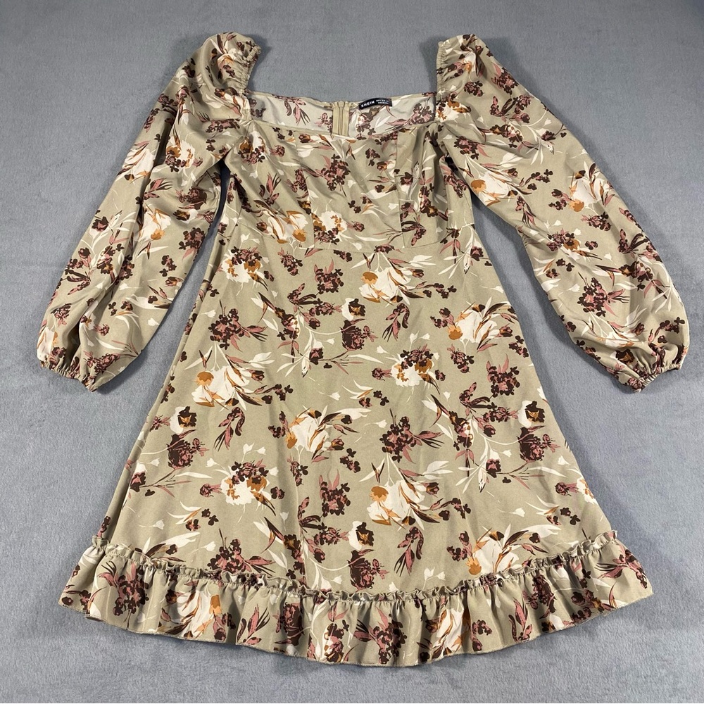 Women’s Cream & Brown Floral Dress, Long Sleeves, Square Neck, zipper back, M